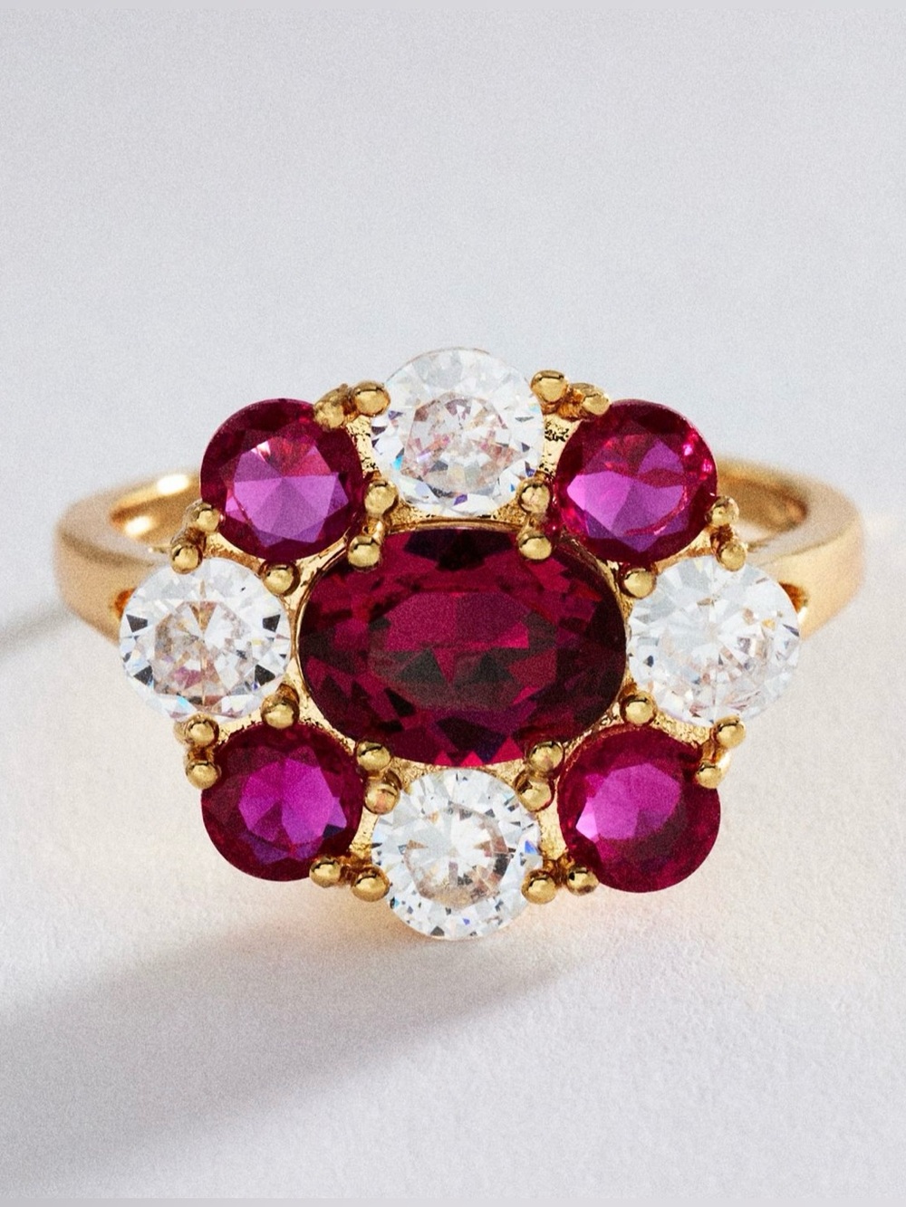14K Gold Plated Brass Cubic Zirconia Pink Floral Crystal Ring Size 6